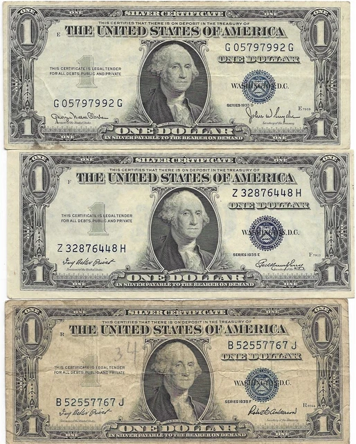 1935-D, E & F Series Silver Certificate 3 Note Lot