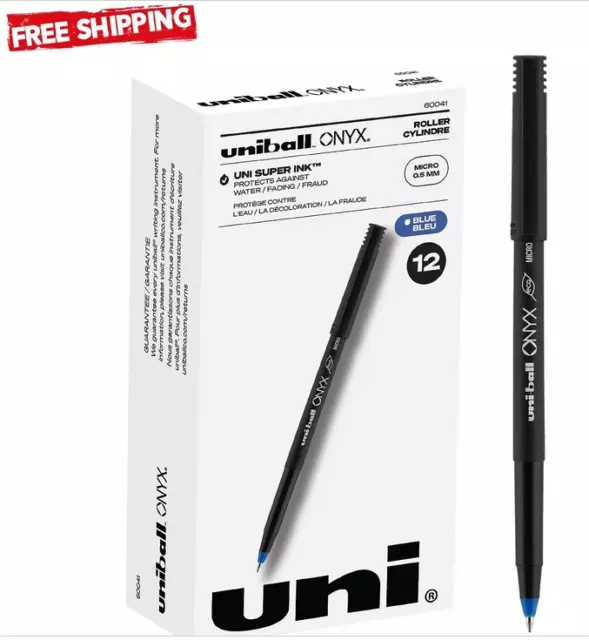 Uniball Onyx Rollerball Stick Pen 12 Pack, 0.5mm Micro Blue Pens, Gel Ink Pens