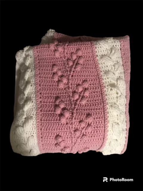 Pretty Pink And White Vintage Hand crocheted Blanket Throw, child