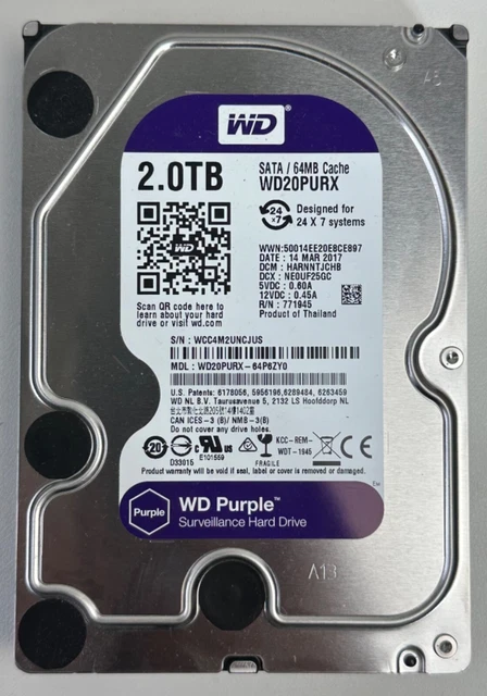 thumbnail image 2 of WD Purple WD20PURX 2TB Surveillance Hard Drive – 3.5" SATA III 64MB Cache 5400RPM For DVR/NVR 2 of 5