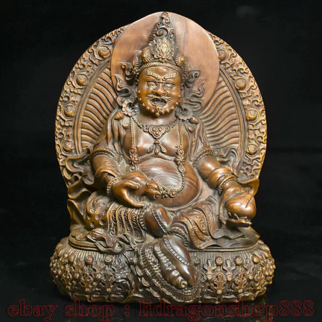 5.6 "bois de buis sculpté main Tibet jaune Jambhala richesse Dieu Bouddha Statue