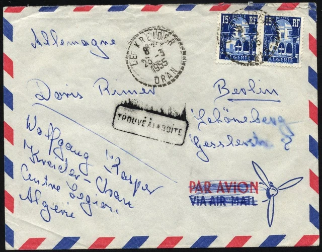ALGERIEN 328 Paar BRIEF, 1955, 15 Fr. blau/hellblau im Paar auf Brief eines deut