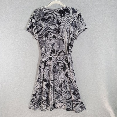 Apt. 9 Women Dress Large Black White Paisley Faux Wrap V Neck Tied Waist Knee