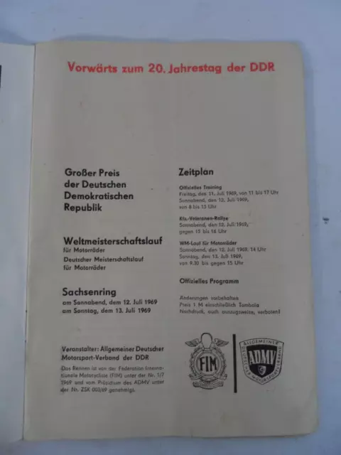 DDR Rennprogramm SACHSENRING Weltmeisterschaft 1969 Motorsport MZ Simson DKW WM 3