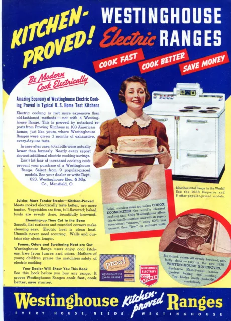 1938 Print Ad of Westinghouse Kitchen Proved Emperor Electric Range