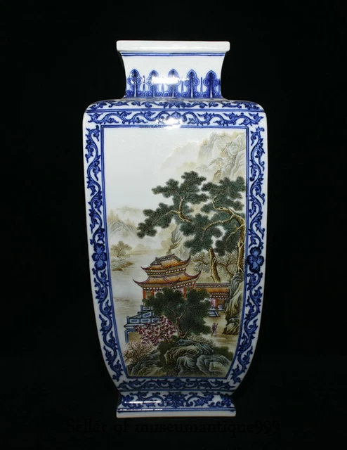 15.6" Marked China Blue White Porcelain Dynasty scenery Words square Bottle Vase