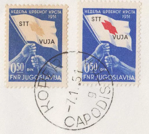 🔴YUGOSLAVIA  STT VUJA 1951, FDC with two RED CROSS stamp- first one with error 2