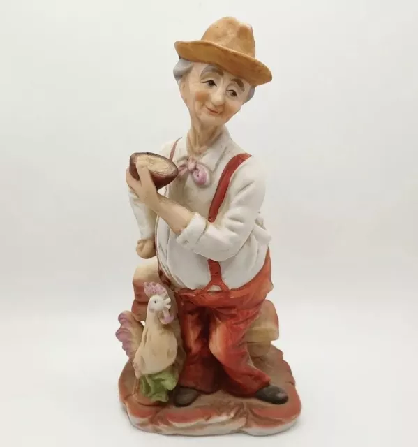 Vintage Porcelain Figurine Farmer Feeding Rooster Barnyard Country Decor 1970s