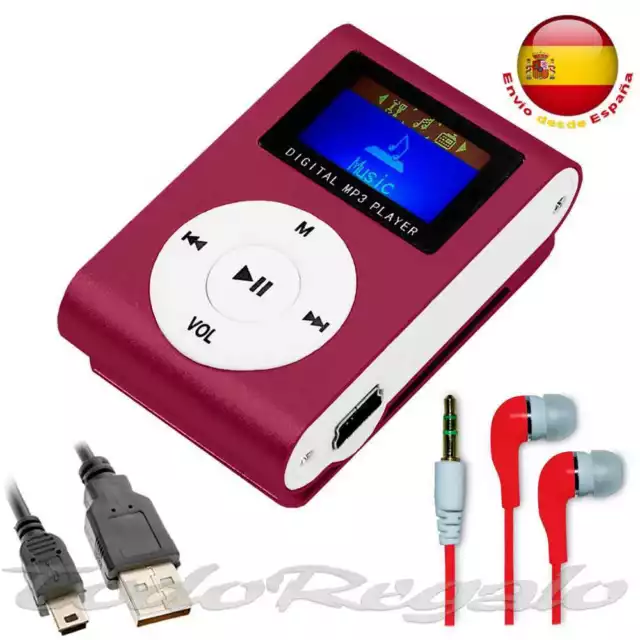 Reproductor Lector MP3 Player Clip Vino+Auriculares Rojo+Cable Mini USB