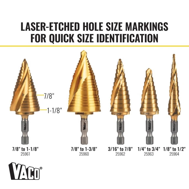 Klein Tools 25961 Step Drill Bit, Spiral Double-Fluted, 7/8" to 1-1/8", VACO 6