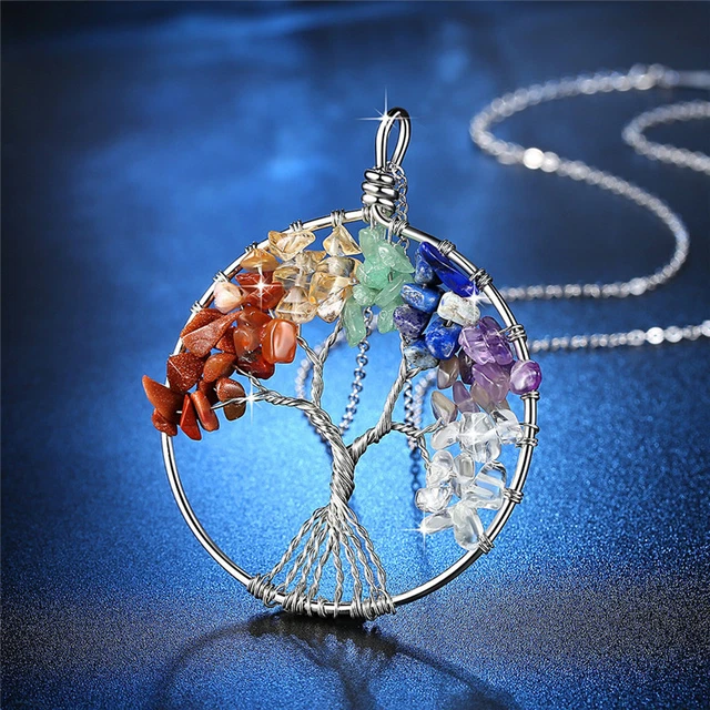 Pendant Necklace Natural Gemstone Tree of Life 7 Chakra Healing Crystal Charm