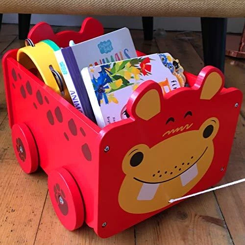 Caja de juguetes de madera hipopótamo animal 2 en 1 tirón largo carro y caja de almacenamiento sobre ruedas para niños