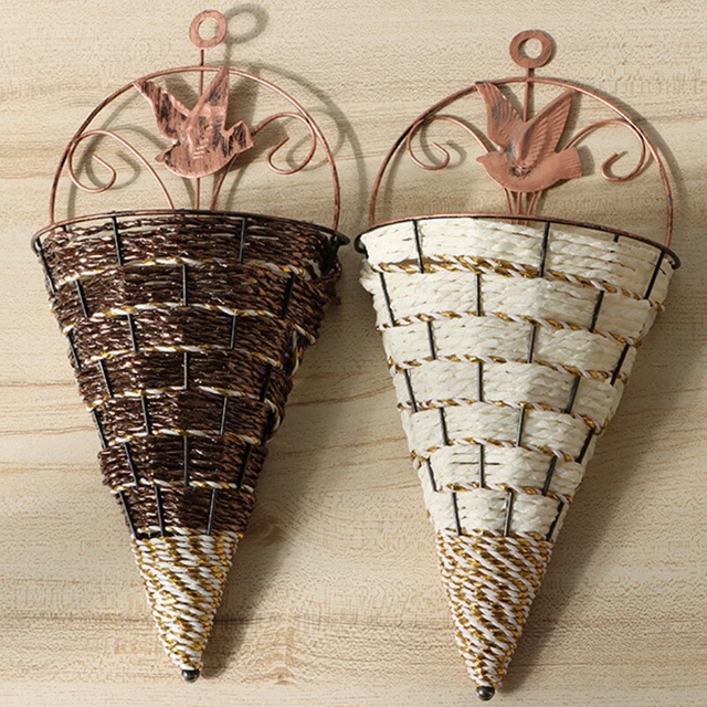 WROUGHT IRON FLOWER Basket Vase Wall Hanging Planter Rattan Vase