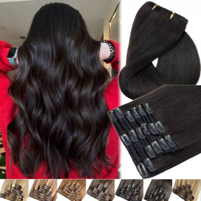 Extra THICK Clip In Remy Real Human Hair Extensions Full Head Double Weft Black#