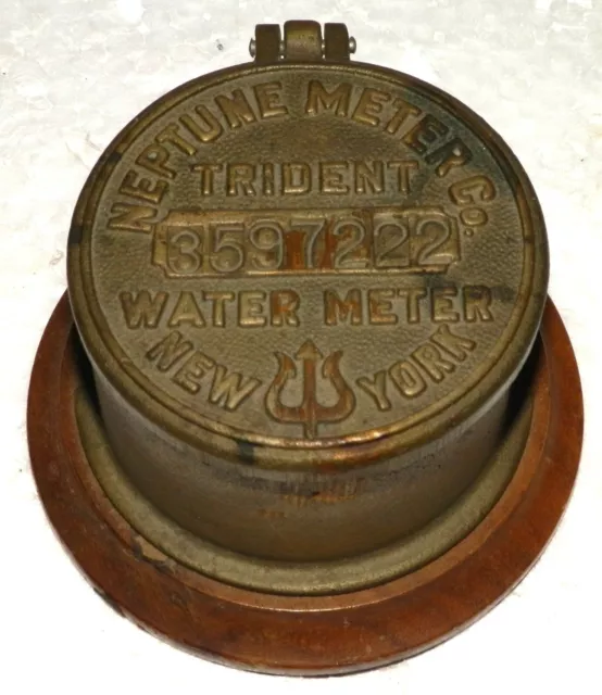 Vintage Neptune Water Meter Trident New York Brass Lid Trinket Box  Wood Base
