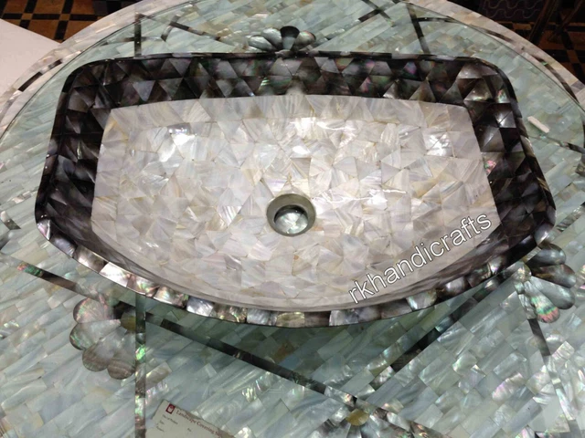 16 x 13 Inches Marble Counter Top Sink Mother of Pearl Overlay Work Wash Basin