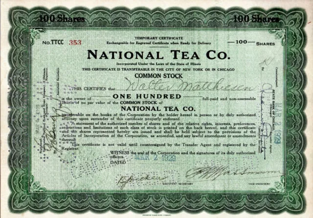 National Tea Co. Stock Certificate 100 Shares
