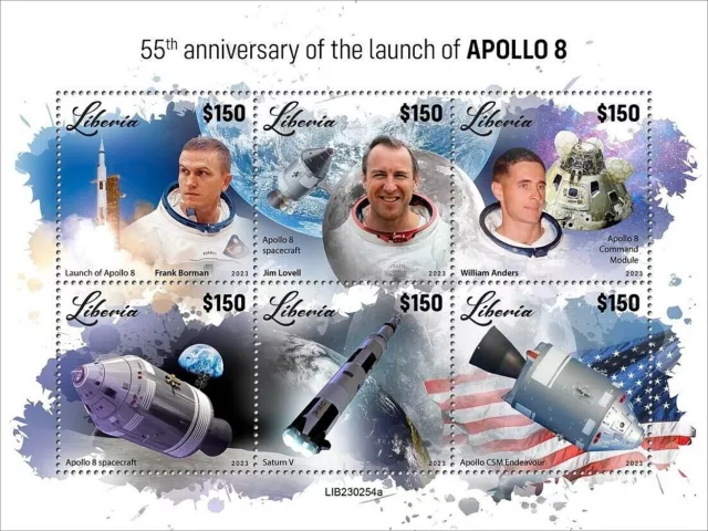 NASA APOLLO 8 Moon Spaceflight Astronaut Saturn V Space Stamp Sheet 2023 Liberia