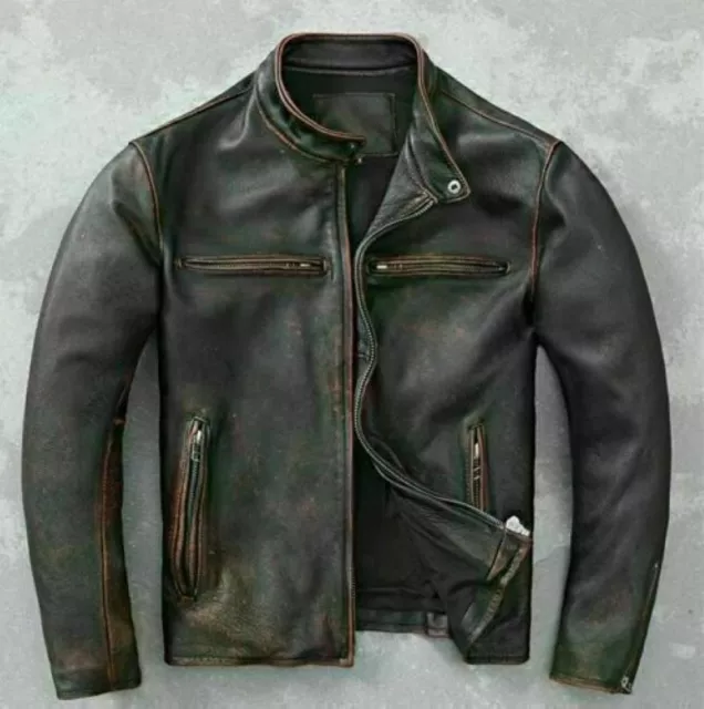 Giacca uomo moto biker vintage cafe racer effetto invecchiato nera vera pelle