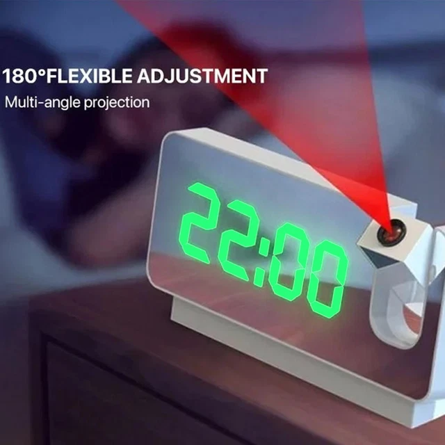 Mirror LED Projection Alarm Clock Digital Snooze Voice Temperature  LCD Display