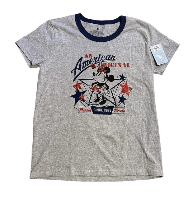 Disney An American Original Minnie Mouse Tee Shirt Gray Ringer Short Sleeve NWT