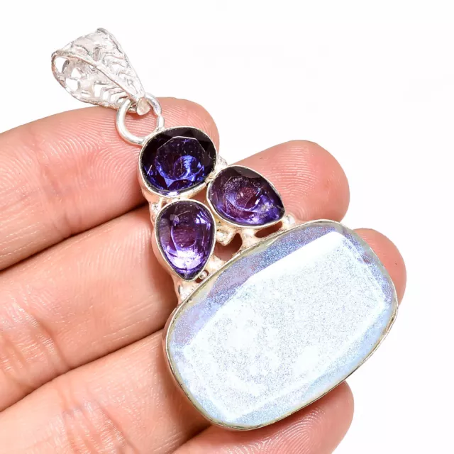 Moonlite Amethyst Stone Vintage Handmade 925 Sterling Silver Pendant 2.3" BA2131