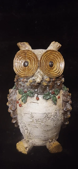 Rustic cabin Birch tree pinecone Holly holiday Christmas OWL plastic figurine