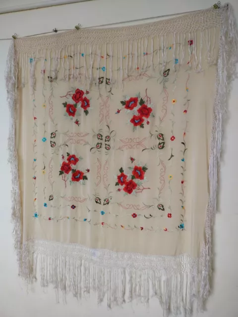 Vintage Silk Shawl Wrap Piano Scarf  hand embroidery FRINGE item576