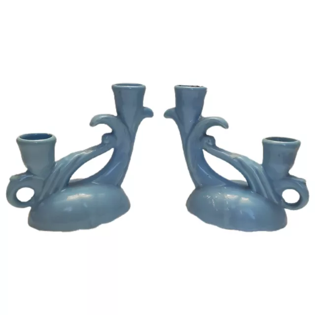 MCM Vintage Camark USA 269 Pottery Double Candle Holder Art Deco Floral 2 Blue