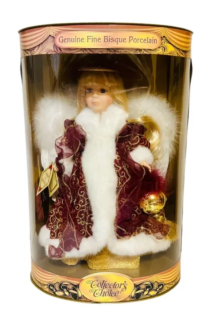 Collectors Choice Genuine Fine Bisque Porcelain Angel NIB Beautiful Maroon Dress