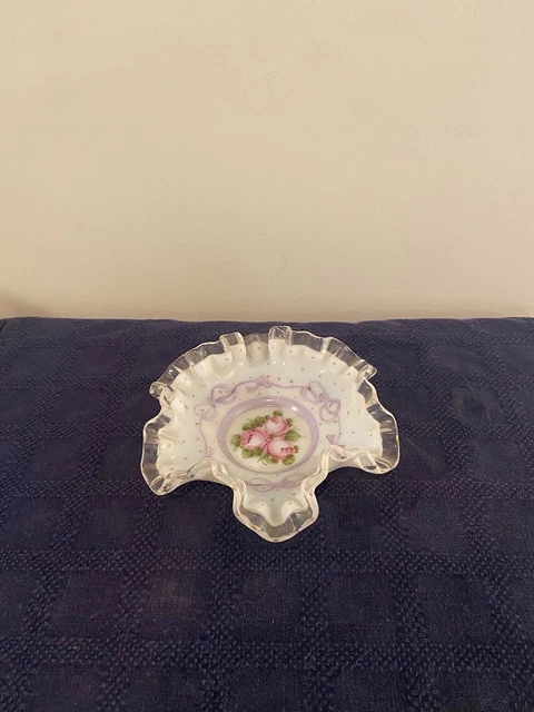 Vintage Fenton Charleton Roses and Bow Silver Crest Ruffled Candy Dish Bowl