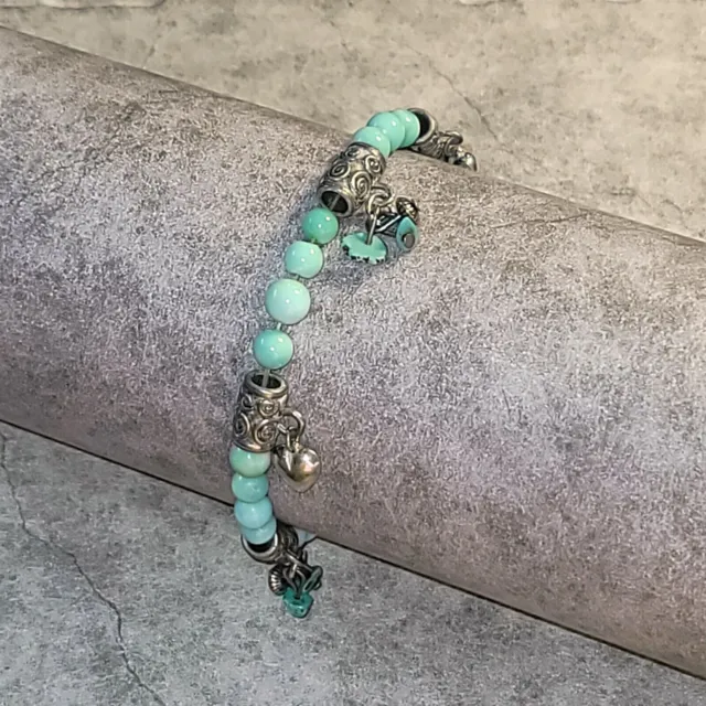 Faux Turquois & African Tube Beaded 8" Stretch Bracelet w/ Silver Heart Charms