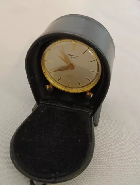 SWISS Vintage Looping Travel Alarm Clock In Case 15 Jewels Working Well A06