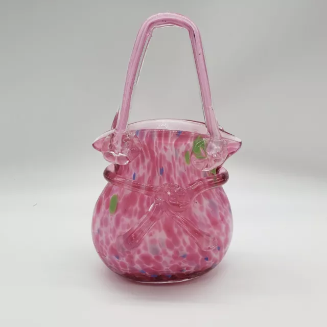 Art Glass Pink Confetti Hand Blown Purse Vase 8.5" Tall "Stained Glass"