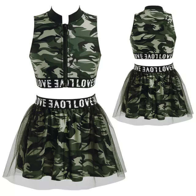 Tuta Costume Danza Ginnastica Bambine Mimetica Crop Top con Gonna Abbigliamento Da Danza