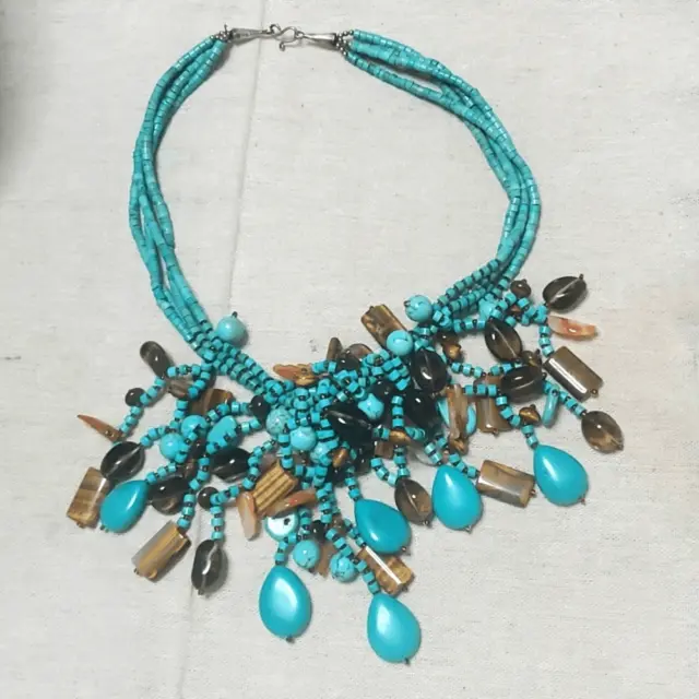 Vintage Native Heishi Turquoise Silver Waterfall Bib Necklace OOAK