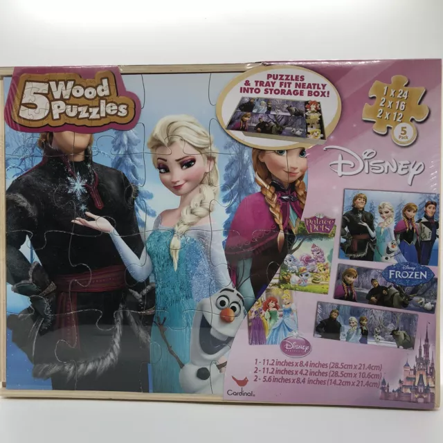 5 Wood Puzzles Disney Frozen with Tray and Wood Storage Box