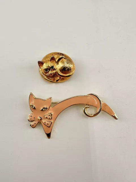 VTG CAT KITTEN - Lapel Pin Lot Of 2 Brooch Enamel Over Metal Green Jewel Pink