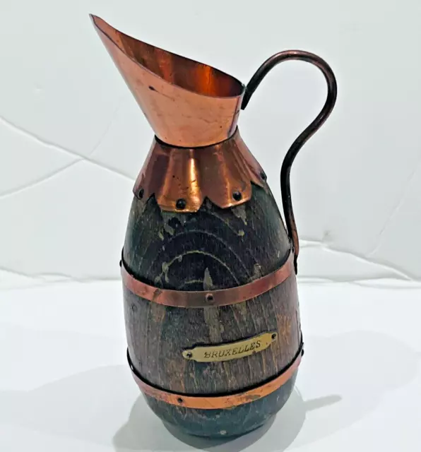 Extremely Rare Old Antique Ancient Copper Oak Cider Wine Barrel Jug Pitcher 14cm