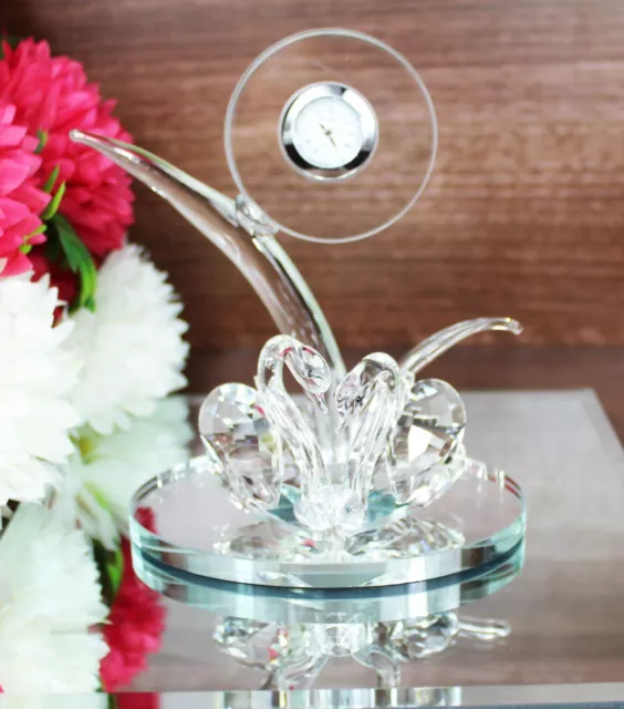 Crystal Cut Twin Swan With Clock For Home Decor Valentin's day X-Mas Gift Box