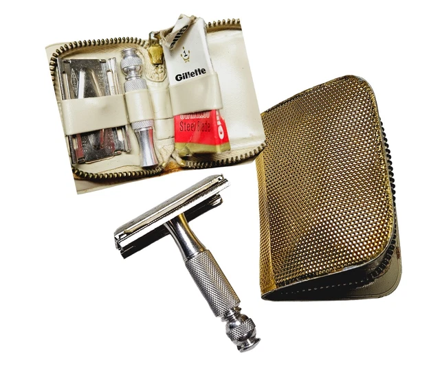 Gillette Travel Razor With Blades In a Gold Tone Case ATL Made Hong Kong Vintage