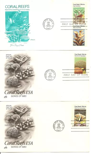 US Scott # 1827-1830 récifs coralliens FDC. 3 couvertures, cachets Artmaster, Artcraft.