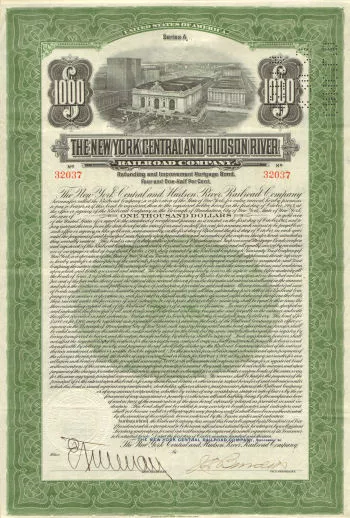 1913 New York Central Hudson River Railroad stock $1,000 bond with coupons
