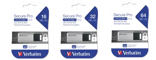 Verbatim Secure Pro USB Drive USB 3.2 Gen 1 16GB/32GB/64GB