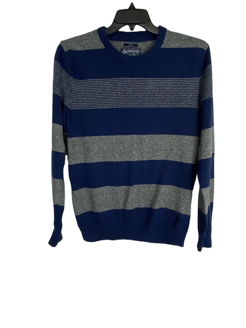 American Rag Mens Sweater Size Large Blue Gray Striped Long Sleeve Pull Over