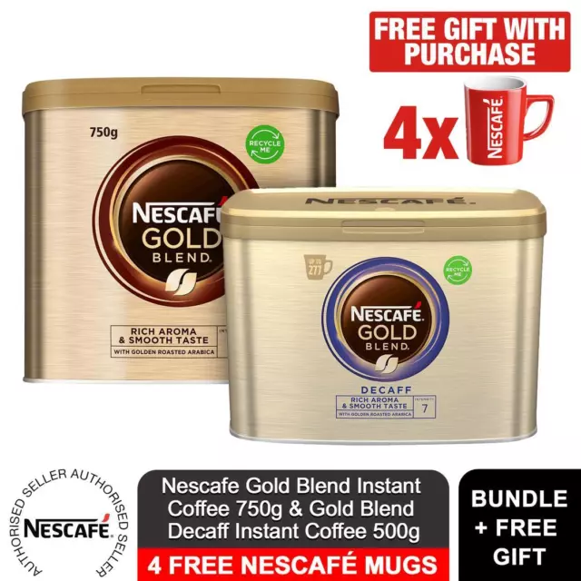 Nescafe Gold Blend 750g & Decaff Instant Coffee Granules 500g with 4x Free Mugs