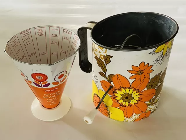 Vintage Willow Tin Kitchen Measuring Cup and Rotary Tin Sifter with Flowers