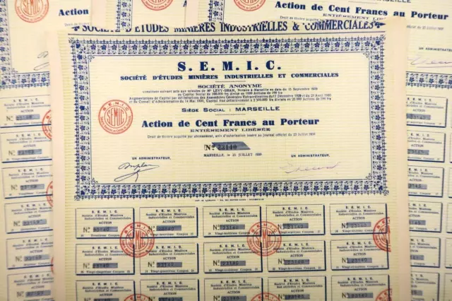 Societe D Etudes Minieres Industrielles 100 Francs Marseille 1939 X 65 Actions