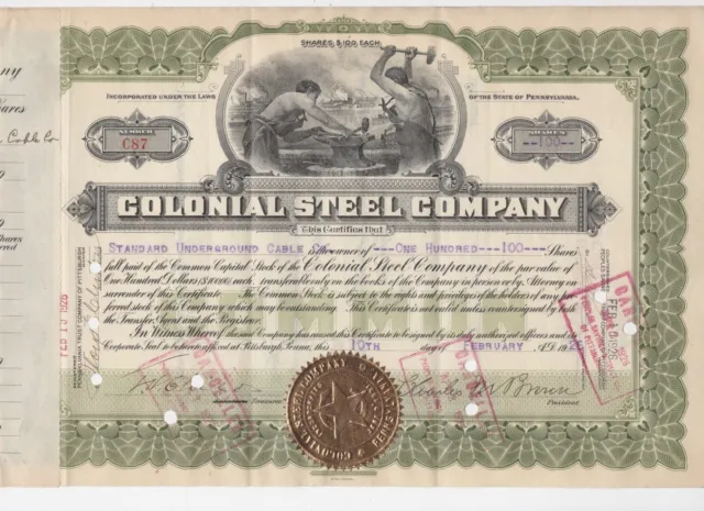 COLONIAL STEEL CO. MONACA PA 1926 STOCK CERTIFICATE w/ REVENUE STAMP