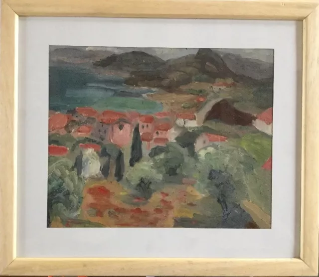 Simone BELLET 1909-1990.Village côtier.C.1950.Huile/papier.Cachet.25x33.Cadre.